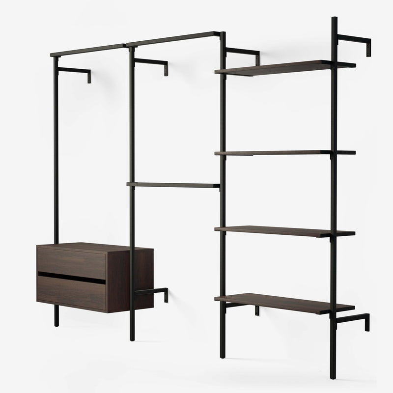 This wardrobe solution features 3 hanging rails, 4 shelves that you can easily adjust in height and a wooden chest of drawers in smoked oak veneer with 2 drawers with softclose.