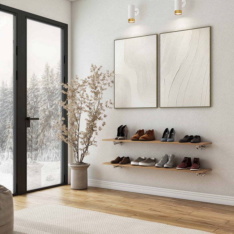 wall mounted minimalistic shoe rack made from iron pipes and wooden shelves