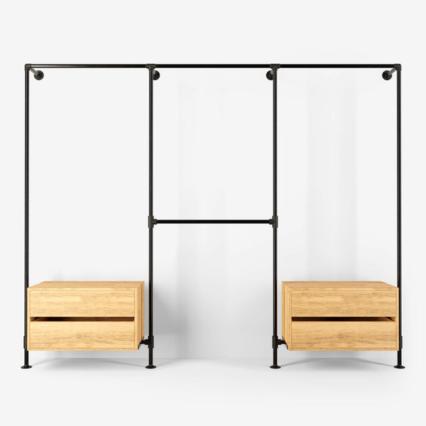 Walk-in wardrobe in tree rows with two dressers and four rails made with dark pipes and classic oak