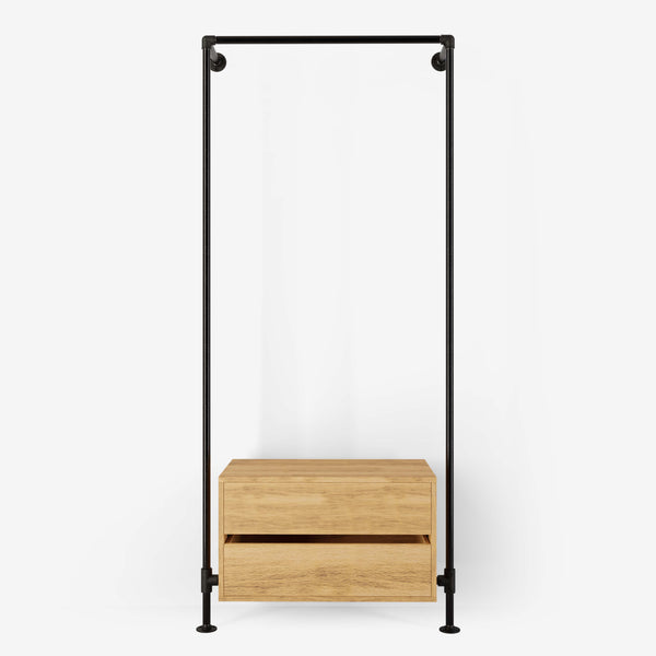 Walk-in wardrobe with one rail and one dresser made with dark pipes and classic oak