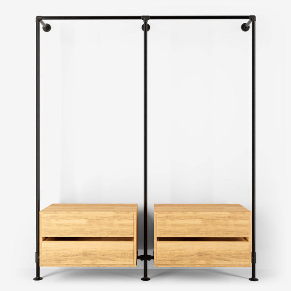 Walk-in wardrobe with two rails and two dressers made with dark pipes and classic oak